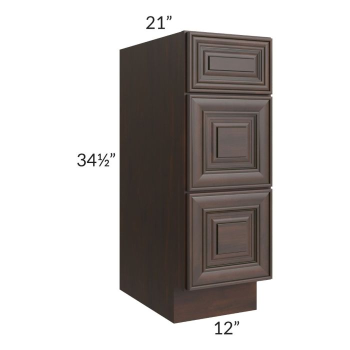 Biscotti Caf?? Glazed 12" Vanity Three Drawer Base Cabinet