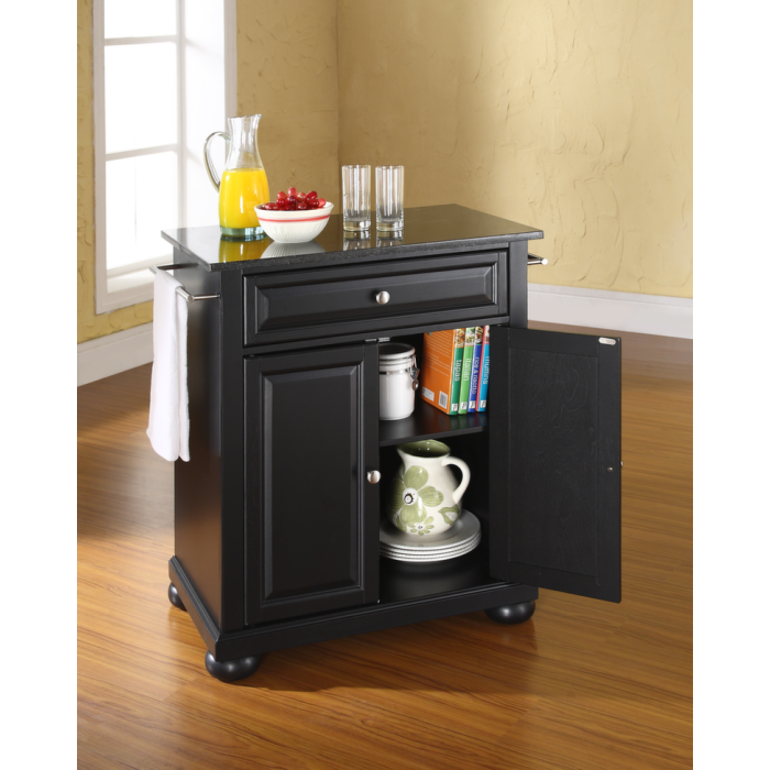 Alexandria Solid Black Granite Top Portable Kitchen Island in Black Finish