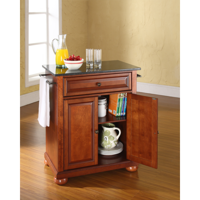 Alexandria Solid Black Granite Top Portable Kitchen Island in Classic Cherry Finish