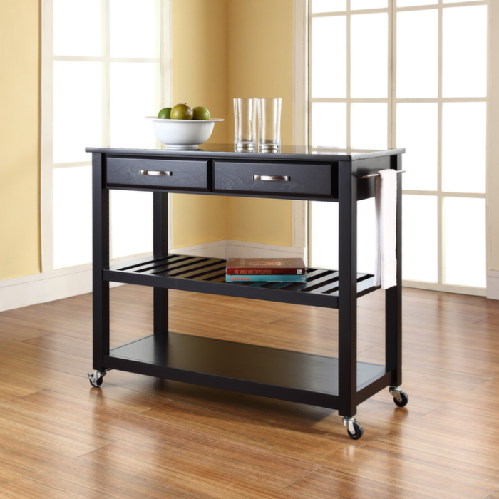 Solid Black Granite Top Kitchen Cart/Island With Optional Stool Storage in Black Finish