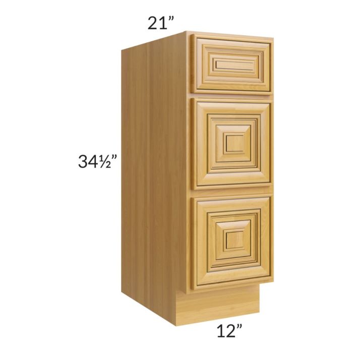 Glazed Praline 12" Vanity Three Drawer Base Cabinet