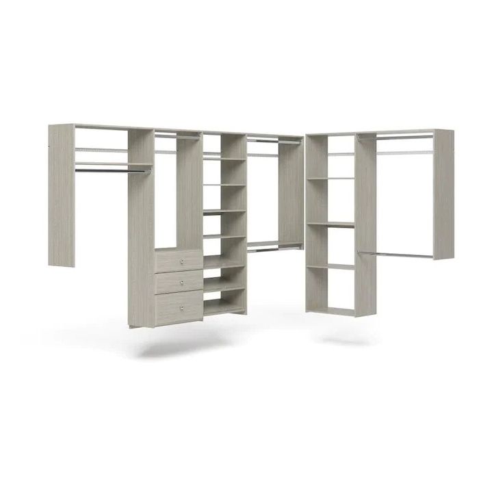 L Shaped Walk In Closet Storage Wall Mounted Wardrobe Organizer Kit System with Shelves and Drawers