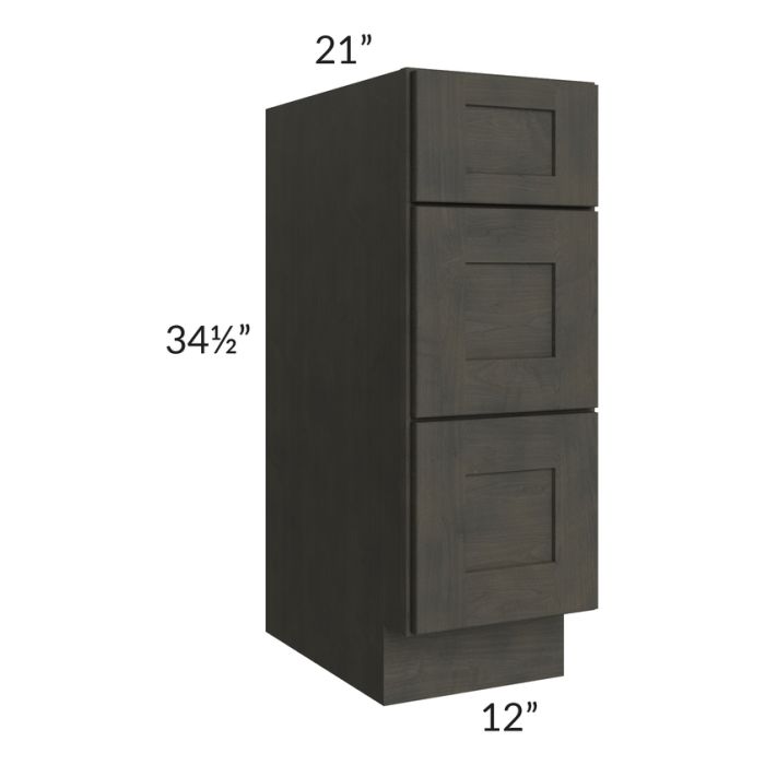 Charcoal Grey Shaker 12" 3-Drawer Vanity Base Cabinet