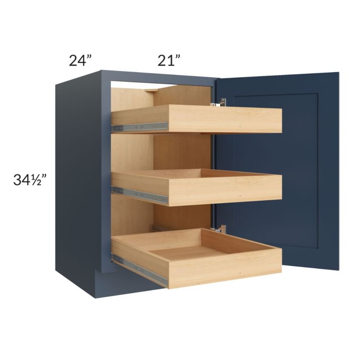 Madison Navy Shaker 21" Full Height Door Base Cabinet with 3 Rollout Trays