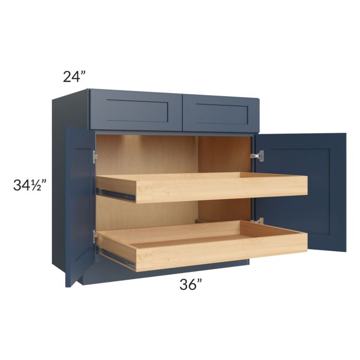 Madison Navy Shaker 36" Base Cabinet with 2 Rollout Trays