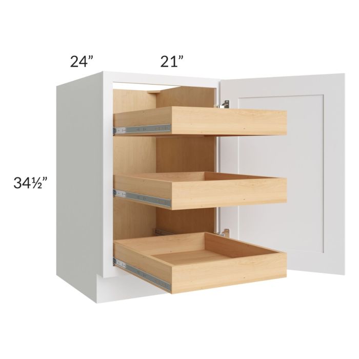 Brilliant White Shaker 21" Full Height Door Base Cabinet with 3 Rollout Trays