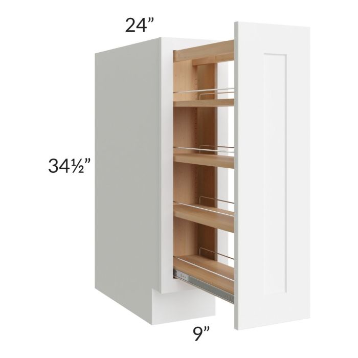 Brilliant White Shaker 9" Full Height Door Base Cabinet with Shelf Pullout
