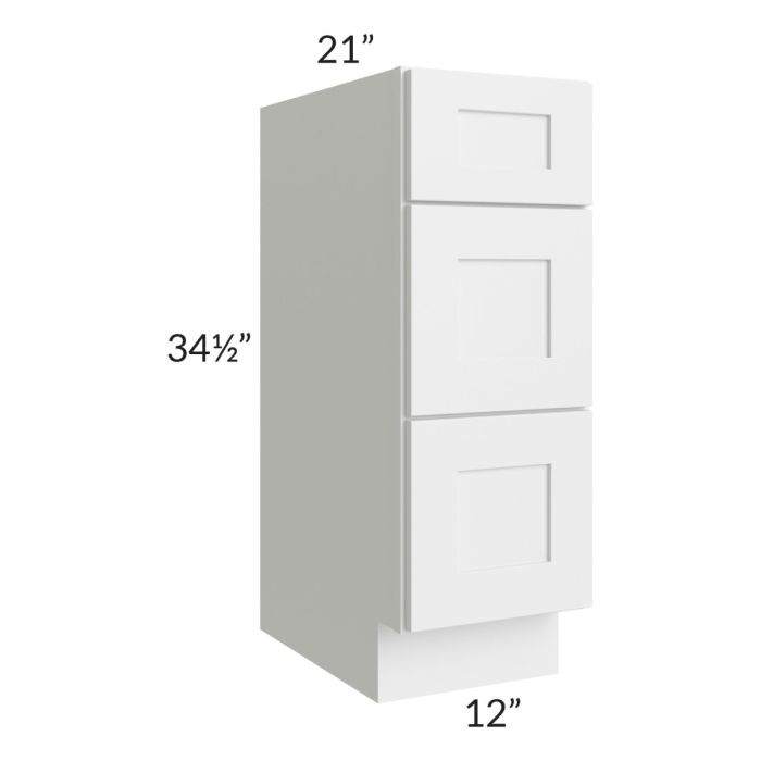 Asheville White Shaker 12" 3-Drawer Vanity Base Cabinet