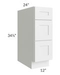 Brighton White Shaker 12" 3-Drawer Base Cabinet