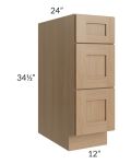 Asheville Rift Oak Shaker 12" 3-Drawer Base Cabinet