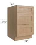 Asheville Rift Oak Shaker 21" 3-Drawer Base Cabinet