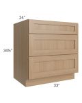 Asheville Rift Oak Shaker 33" 3-Drawer Base Cabinet