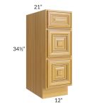 Glazed Praline 12" Vanity Three Drawer Base Cabinet