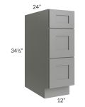 Shale Grey Shaker 12" 3-Drawer Base Cabinet