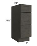 Charcoal Grey Shaker 12" 3-Drawer Vanity Base Cabinet