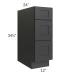 Madison Black 12" 3-Drawer Base Cabinet