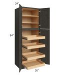Charcoal Grey Shaker 30x84x24 Wall Pantry Cabinet with 4 Rollout Trays
