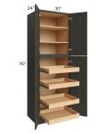 Charcoal Grey Shaker 30x90x24 Wall Pantry Cabinet with 4 Rollout Trays