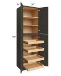 Charcoal Grey Shaker 30x96x24 Wall Pantry Cabinet with 4 Rollout Trays