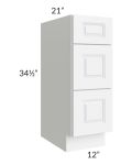 Lakewood White 12" 3-Drawer Vanity Base Cabinet