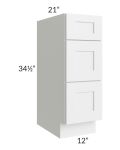 Stratton White Shaker 12" 3-Drawer Vanity Base Cabinet