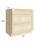 Unfinished Shaker 33" 3-Drawer Base Cabinet