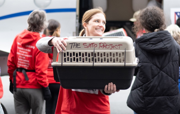 Sato Project volunteer carrying a pet transport crate